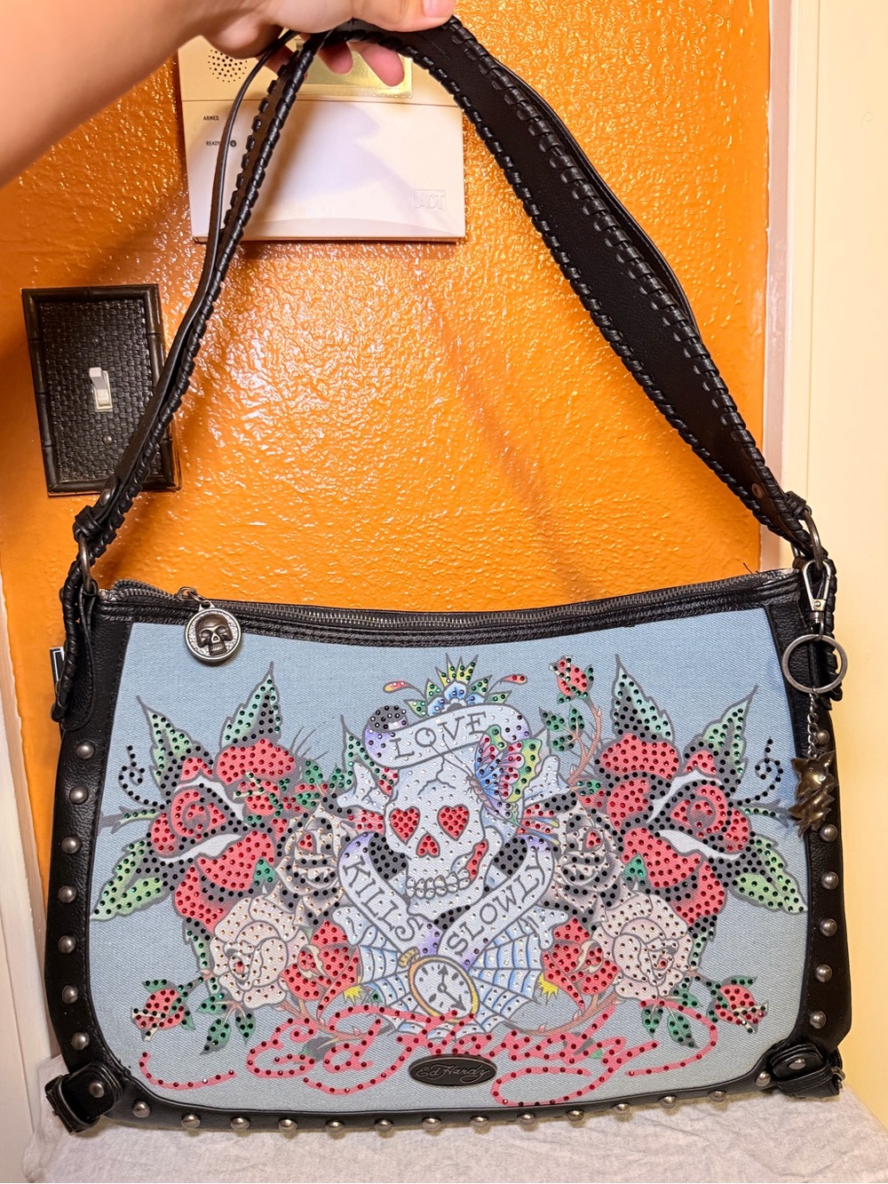 EdHardy Embellished Skull & Rose Canvas Shoulder Bag - Light Blue